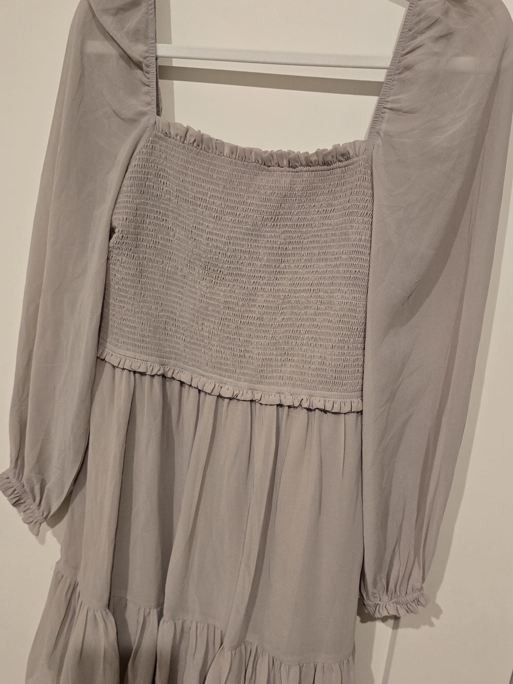RD Style Long Sleeve Smocked Bodice Tiered Maxi Dress in Light Gray